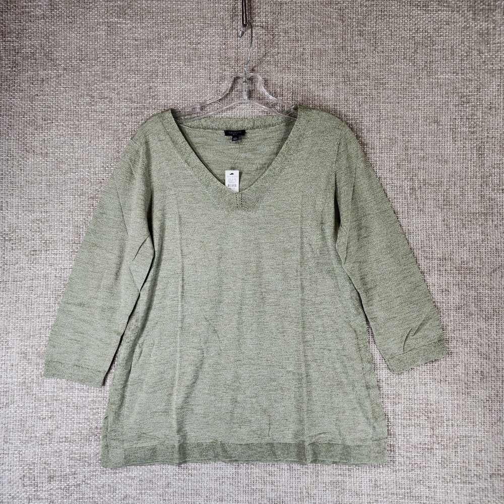 Talbotsβ Slub Cotton V-Neck Sweater Womens LP Petite Sagebrush 3/4 Sleeve NWT
